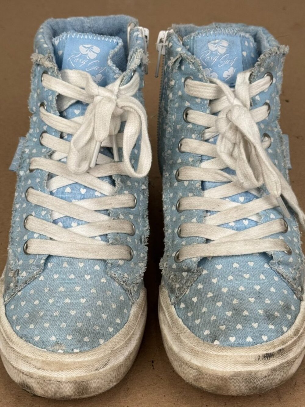 Roxy Youth Girls Rae Mid Top Sneakers Size 3 Blue Heart Pattern Textile Shoes